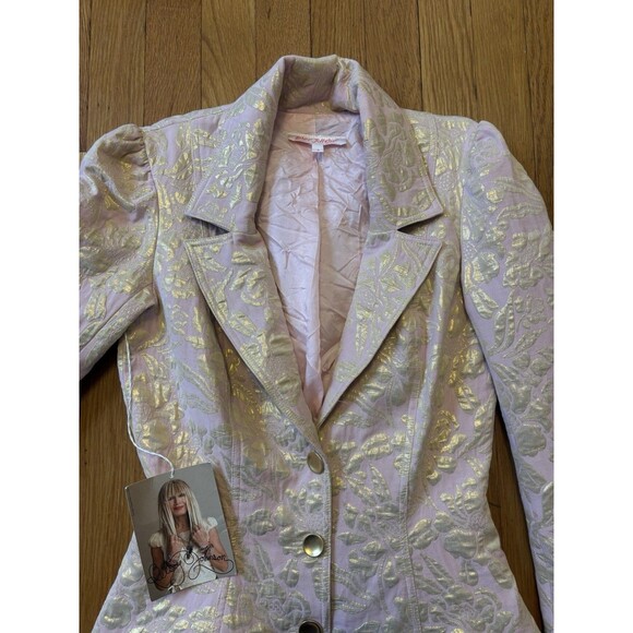 Vintage Y2K Betsey Johnson Blazer Jacket Pink Gold Jacquard Floral Size 4 - Picture 5 of 11